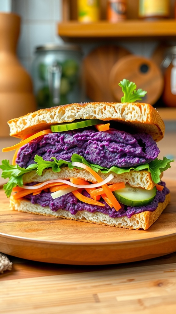 Delicious Ubi Ungu Sandwich Recipe A Ubi Ungu sandwich filled with purple sweet potato, lettuce, and vegetables on a wooden plate.